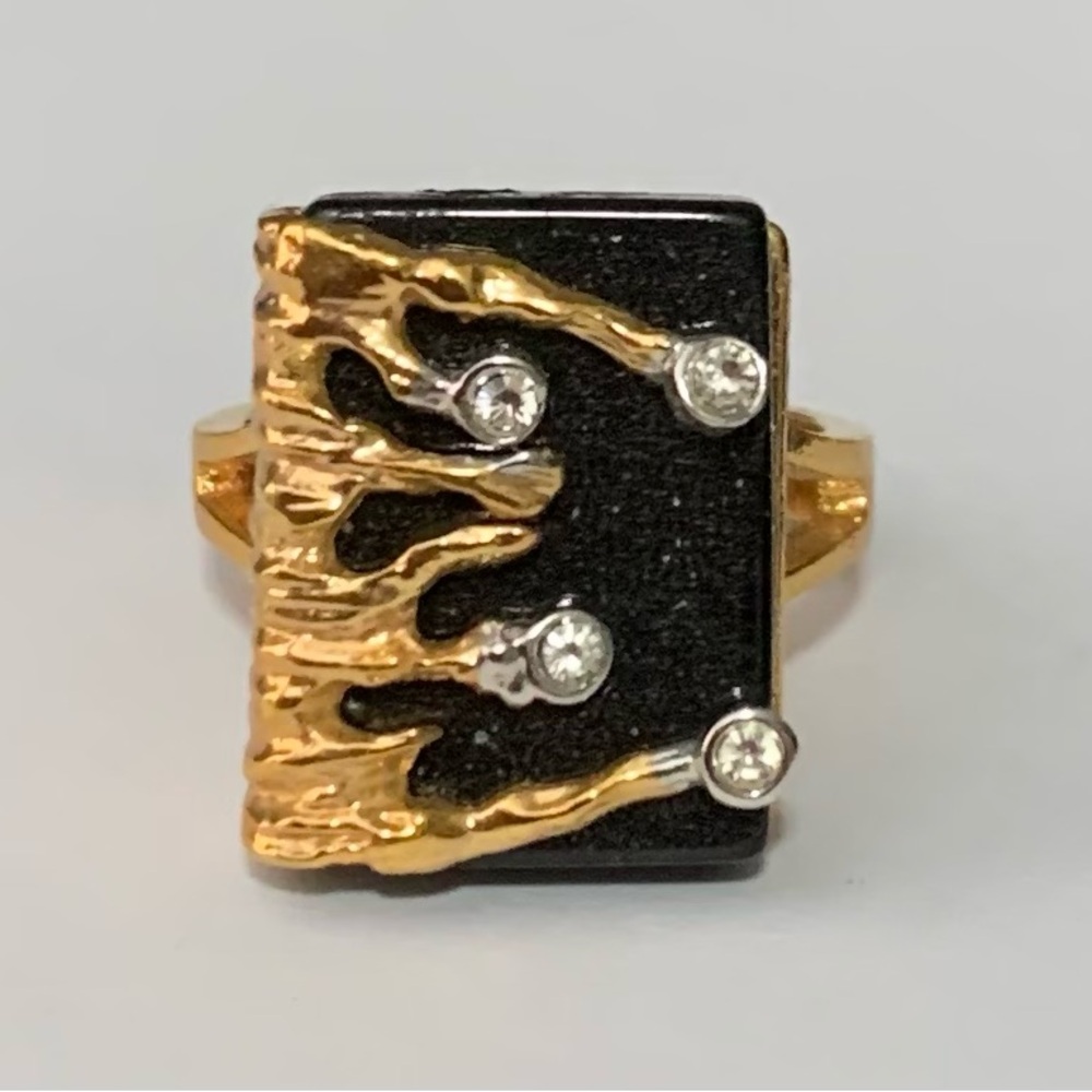 Abstract 18K Yellow Gold Electroplated Black Ring Crystals Woman Teen Size 7